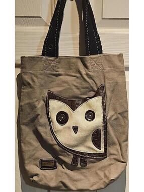 Chala Handbag Simple Tote Hoohoo Owl Canvas Shoulder Bag Khaki and Brown Leather